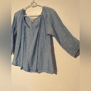 JCrew long sleeve blue top with white dots and tassels size XS